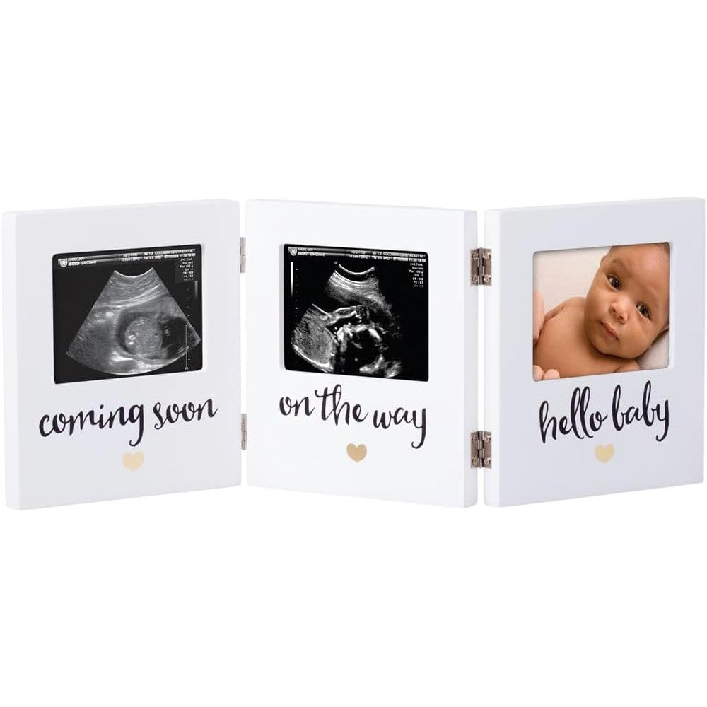 Pearhead Triple Sonogram Keepsake Photo Frame front view displaying three pregnancy ultrasound inserts on a white background.
