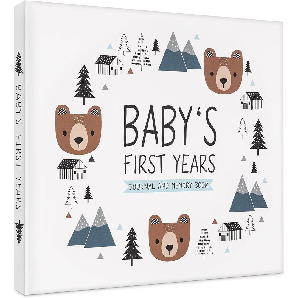 Pondering Pine Keepsake Baby Memory Book front view woodland bear theme journal.