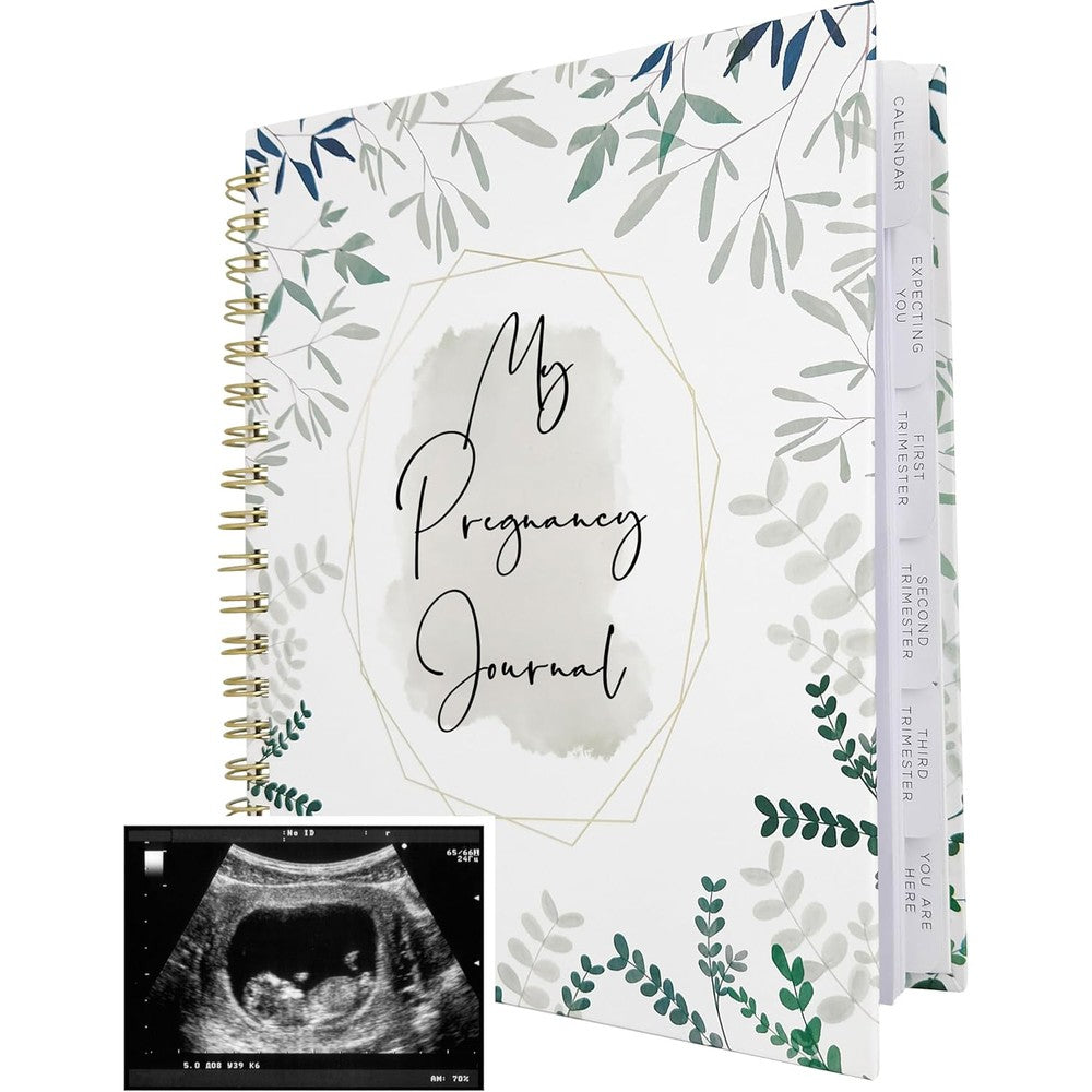 Two little dinos pregnancy journal front cover showing botanical design.