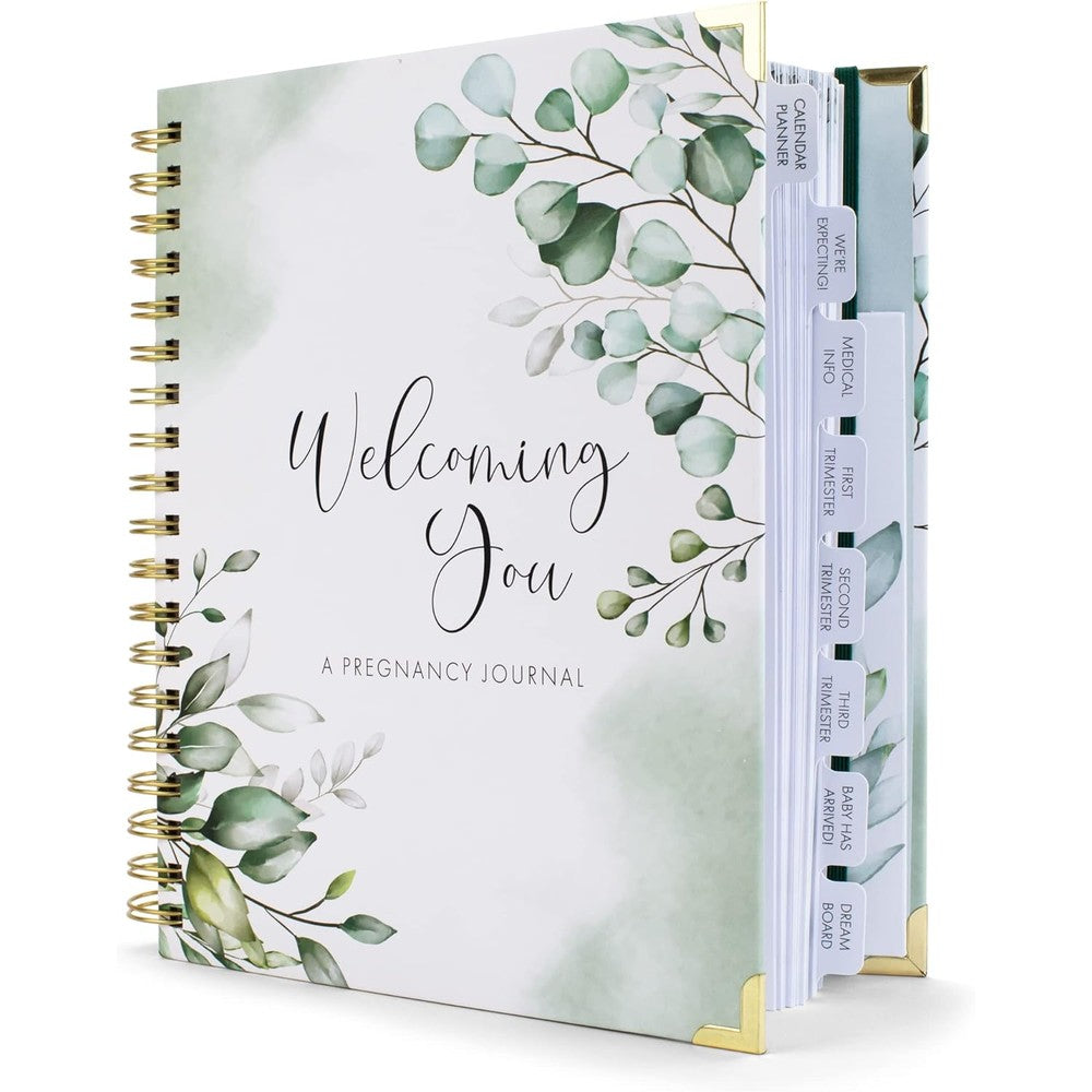ZICOTO pregnancy journal and memory book front view featuring green eucalyptus leaves design