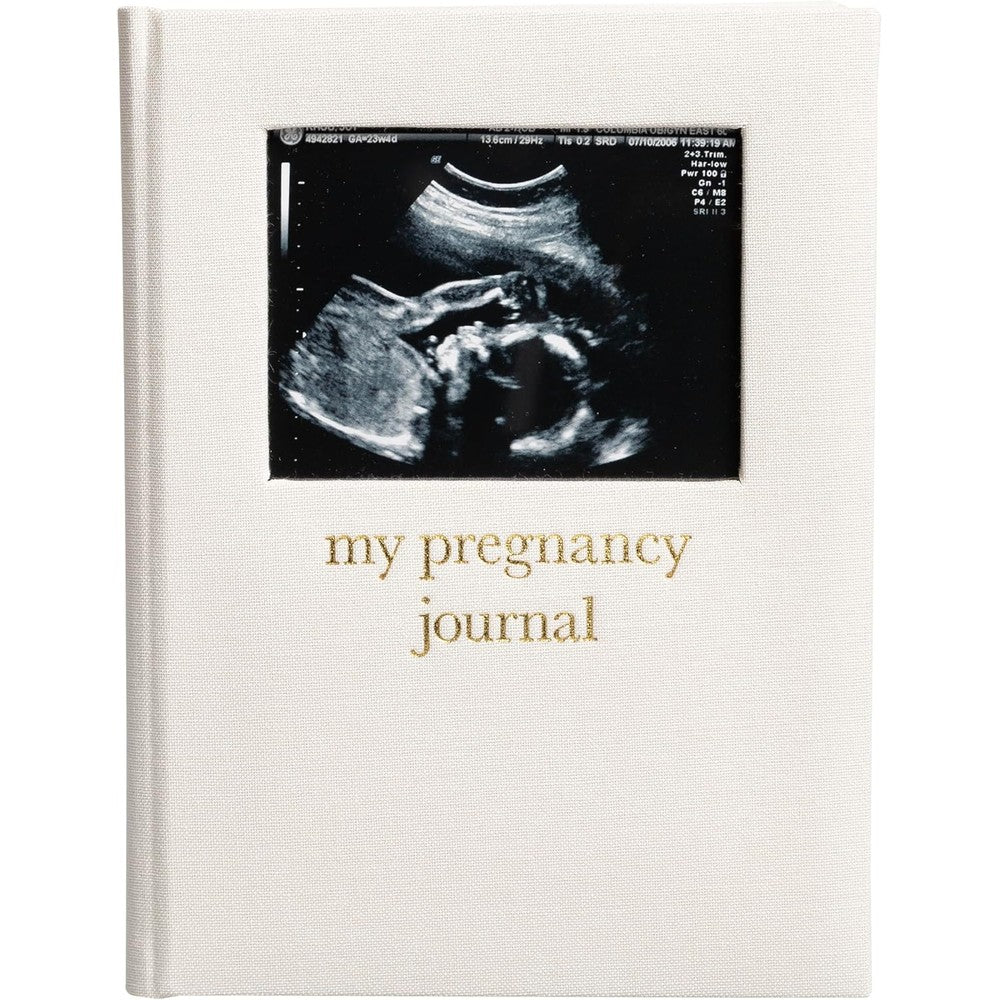 Pearhead linen pregnancy journal front cover showing beige linen fabric and sonogram photo insert window