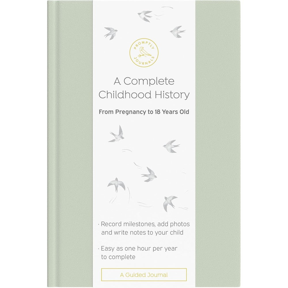 Promptly Journals Complete Childhood History Journal front view in aloe green leatherette hardcover