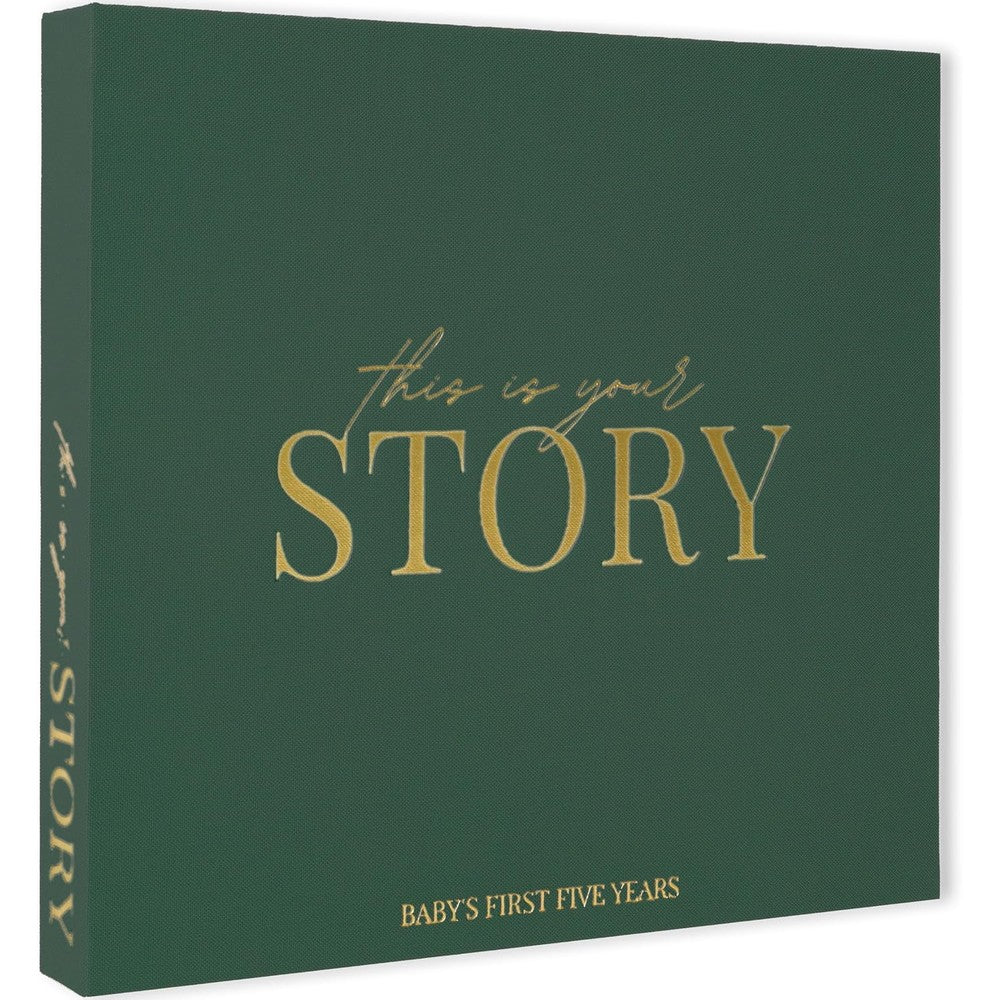 CheriBOO premium linen baby memory book evergreen front view featuring gold foil lettering on textured cover.