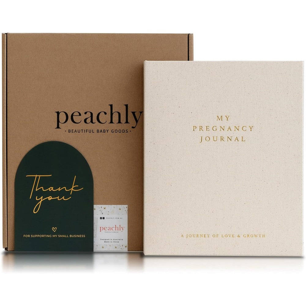 Peachly linen pregnancy journal front view showing beige fabric cover and gold foil lettering