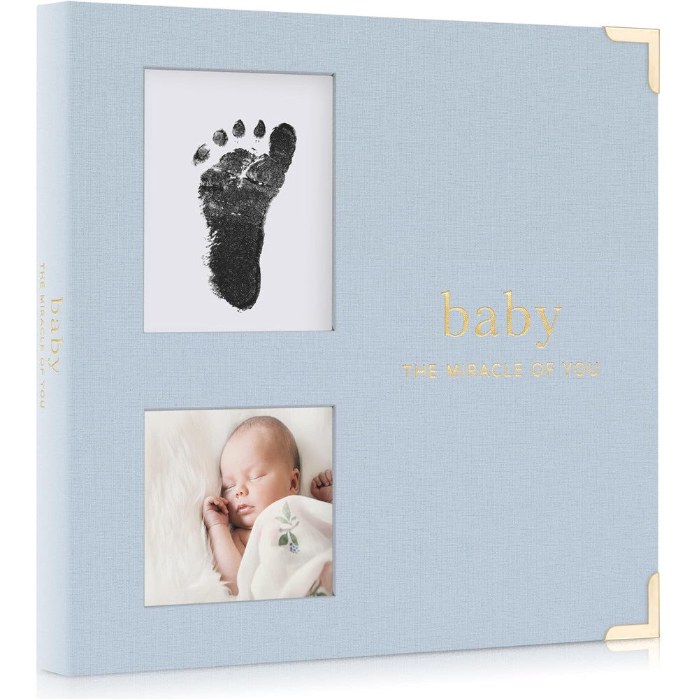 ZICOTO keepsake baby memory book front view showing light blue linen cover and photo slots