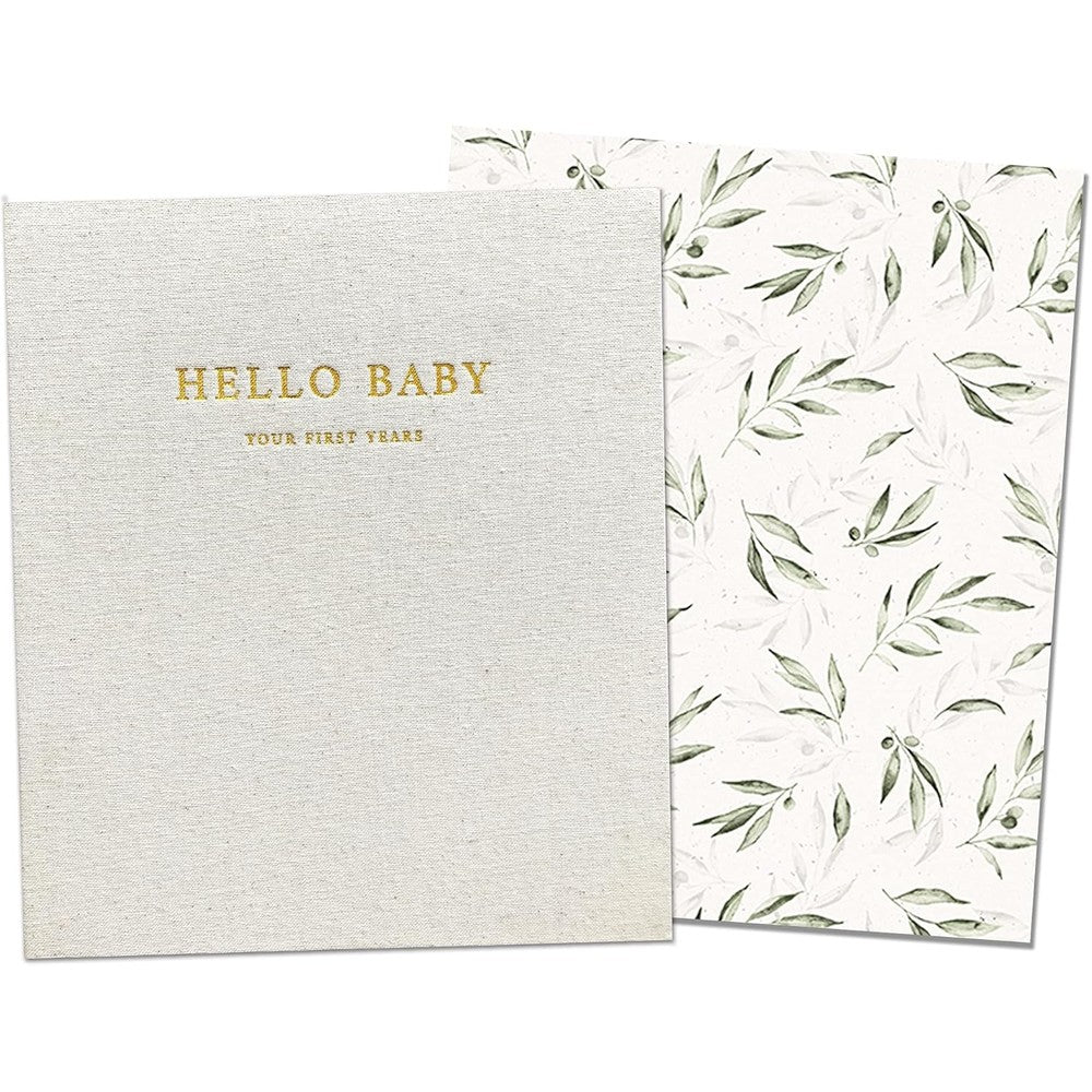 Peachly unisex baby memory book front view showing natural olive linen cover with gold embossed title