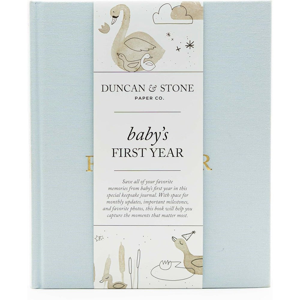 Duncan and Stone Paper Company Baby First Year Memory Book sky blue linen front view