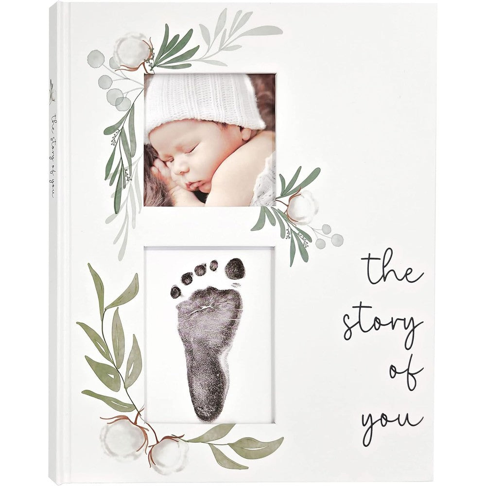 Two Little Dinos Baby Memory Book front cover view showing olive botanical illustration and photo windows.