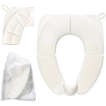 DEEZOMO kids foldable toilet seat front view in white with splash guard on a standard toilet