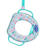 GUBB Peppa Pig soft potty training toilet seat front view in teal color featuring safety handles.