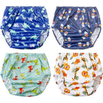 BISENKID waterproof rubber underpants for potty training front view showing blue cartoon dinosaur prints