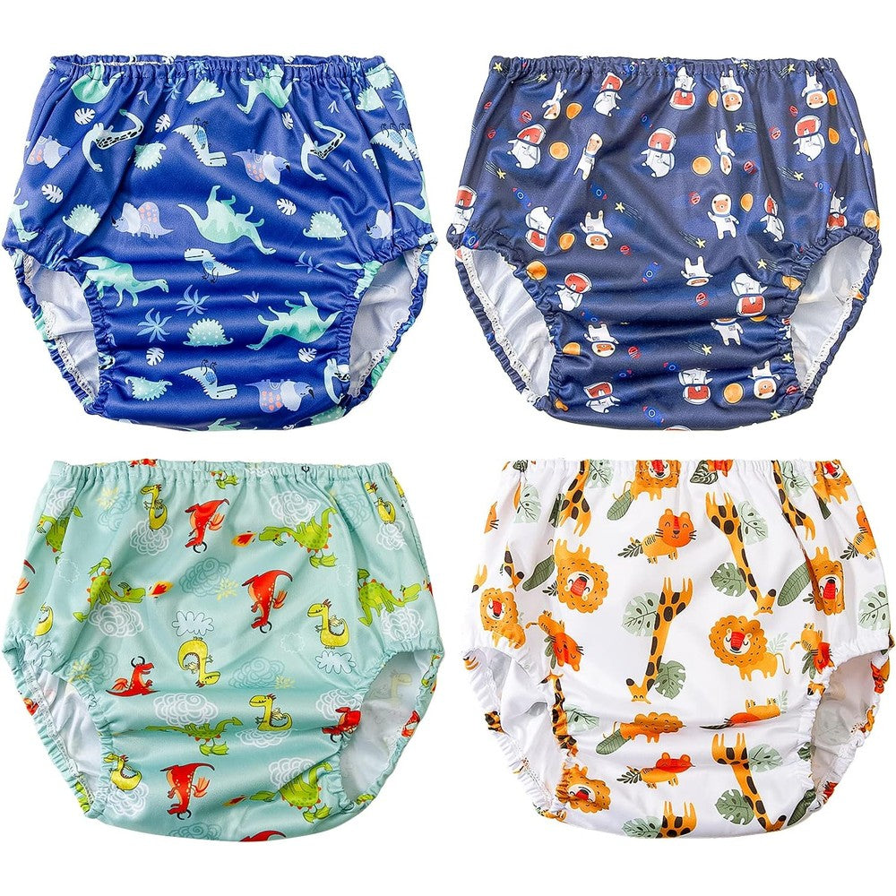 BISENKID waterproof rubber underpants for potty training front view showing blue cartoon dinosaur prints