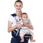 Honch baby hip seat carrier front view in dark blue color featuring wide padded waistband and ergonomic seat.
