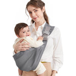 Mumgaroo baby sling carrier front view showing the pure cotton fabric and grey color wrap on a parent.
