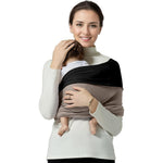 Shiaon baby wrap carrier front view showing the secure black and brown cotton sling design on a parent.
