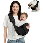 MISSWISDOM baby sling carrier in black showing front view on parent