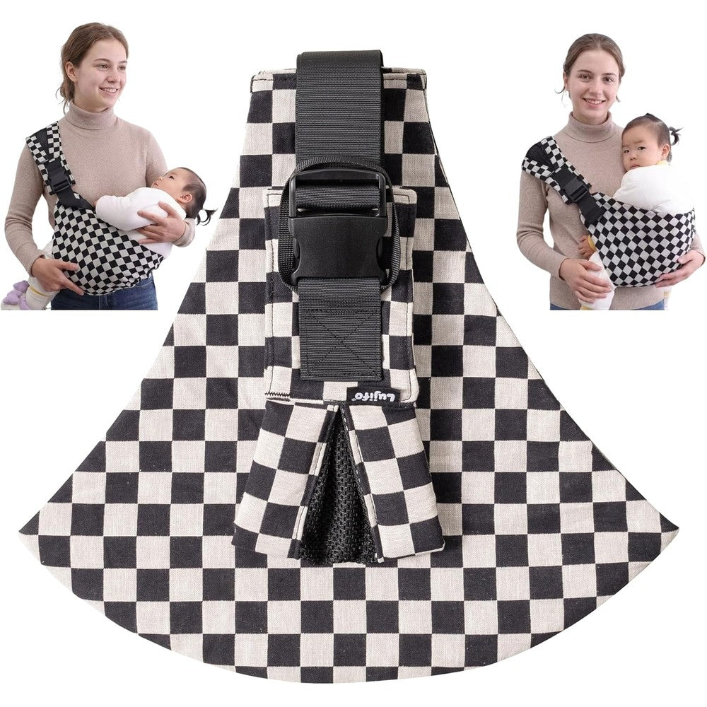 Lujifo baby sling carrier in ebony check pattern shown in a front carry view on an adult