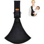 Yemyig baby sling carrier in black showing the secure front facing placement on a parent.