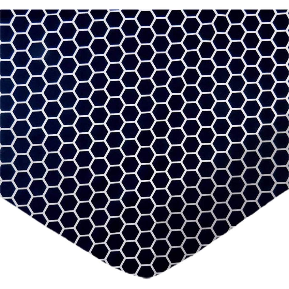 SheetWorld fitted square play yard sheet front view showing navy honeycomb pattern