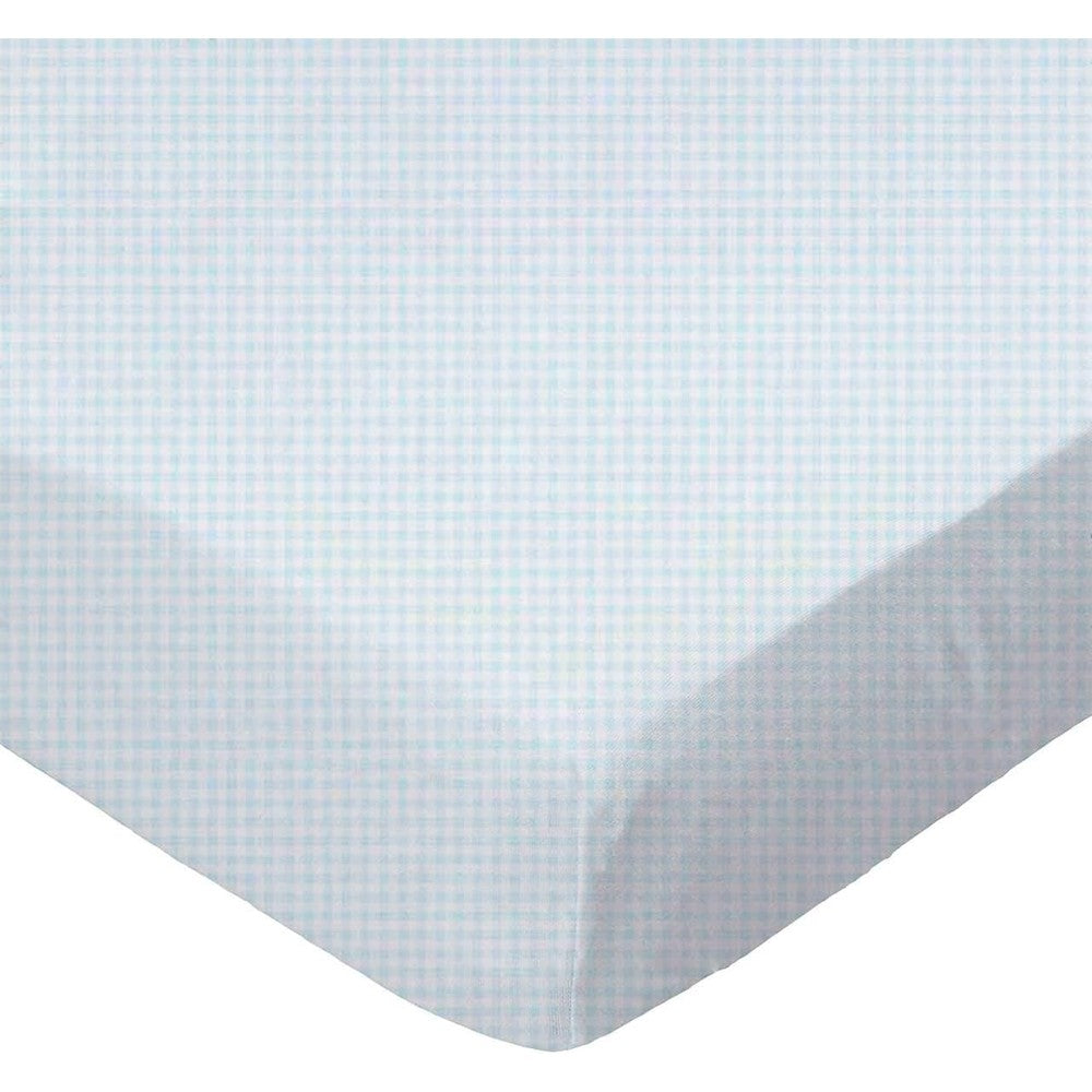 SheetWorld fitted cotton jersey portable mini crib sheet front view showing blue gingham pattern.
