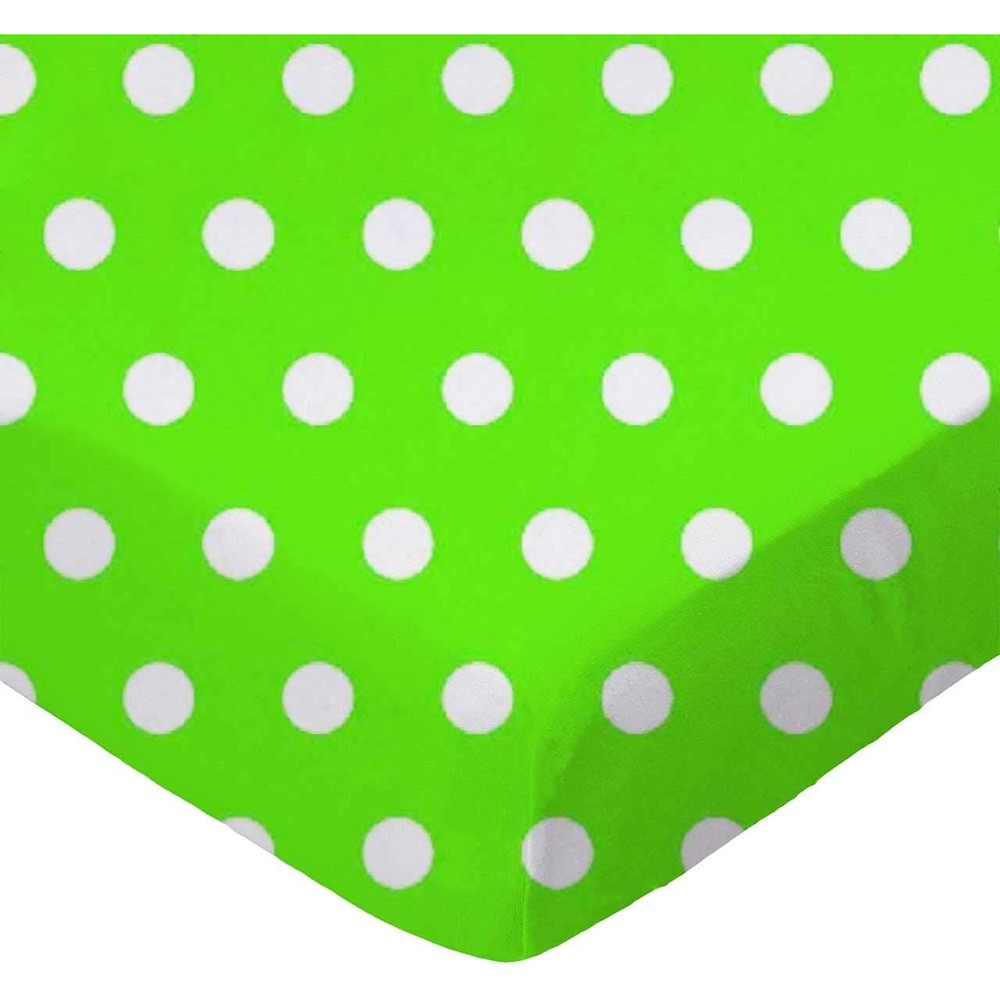 SheetWorld Fitted Cotton Percale Portable Mini Crib Sheet front view showing lime green polka dot pattern.