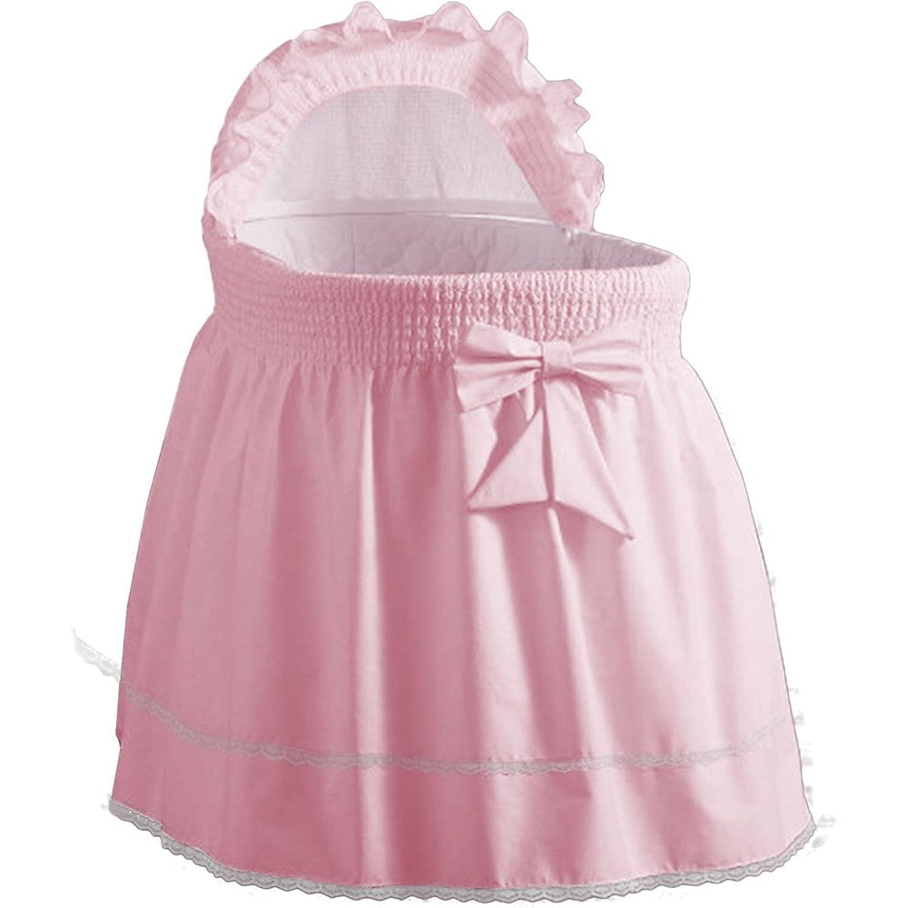 Baby Doll Classic Sea Shell Bassinet Bedding front view showing pink shantung skirt with lace hem