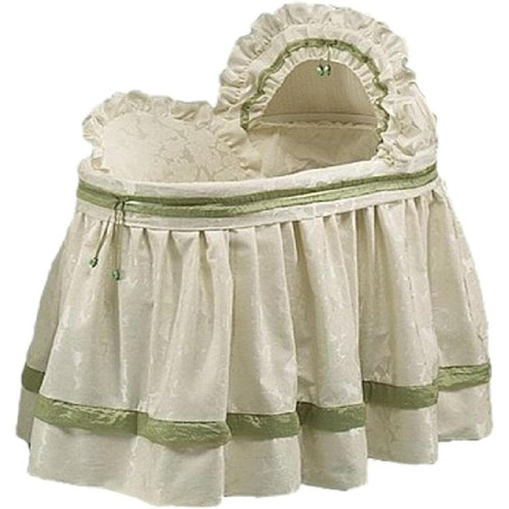 Baby Doll brand Baby King brocade bassinet bedding set ecru front view featuring elegant cream fabric and satin trim nursery decor.
