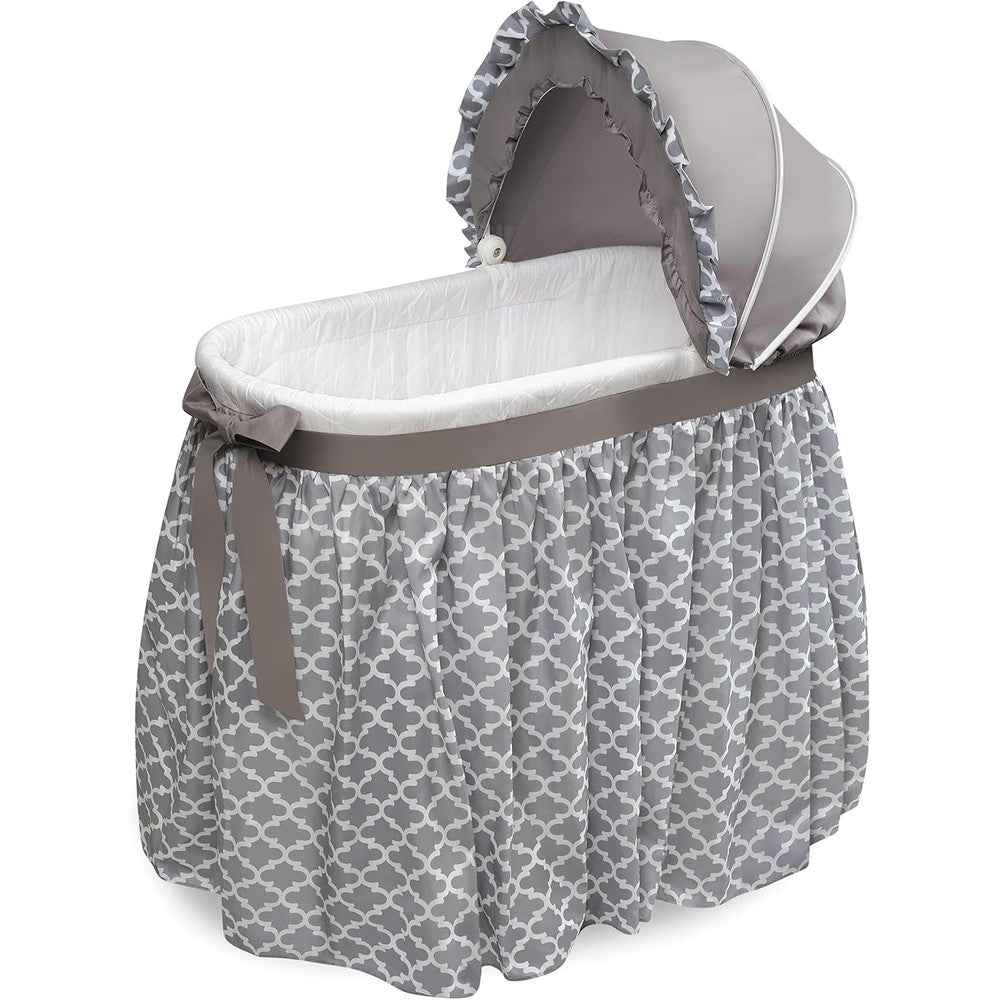Badger Basket Wishes rocking baby bassinet in gray lantern with floor length pleated skirt & infant bedding set