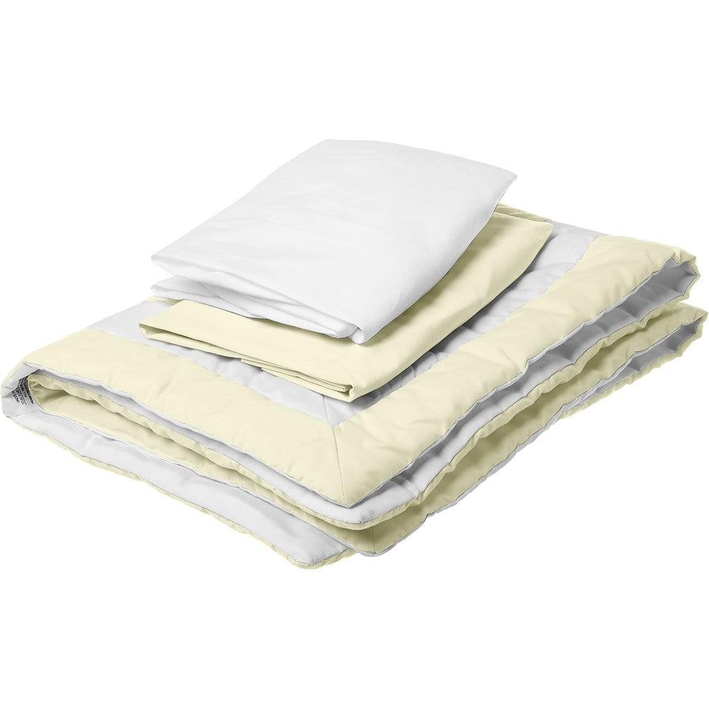 Baby Doll Bedding modern hotel style cradle set front view showcasing the yellow border and white comforter.