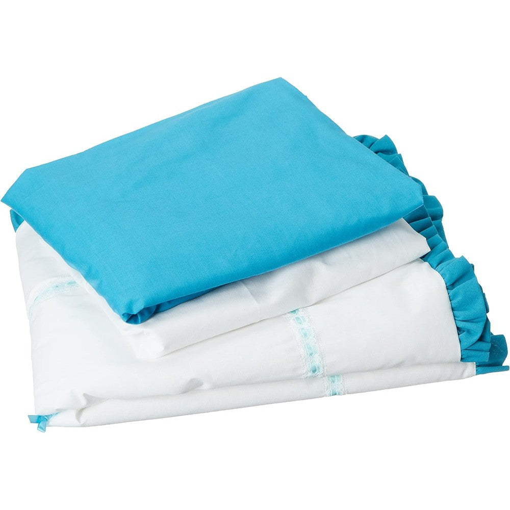 Baby Doll Unique Cradle Bedding Set front view of aqua blue ruffled comforter inside nursery