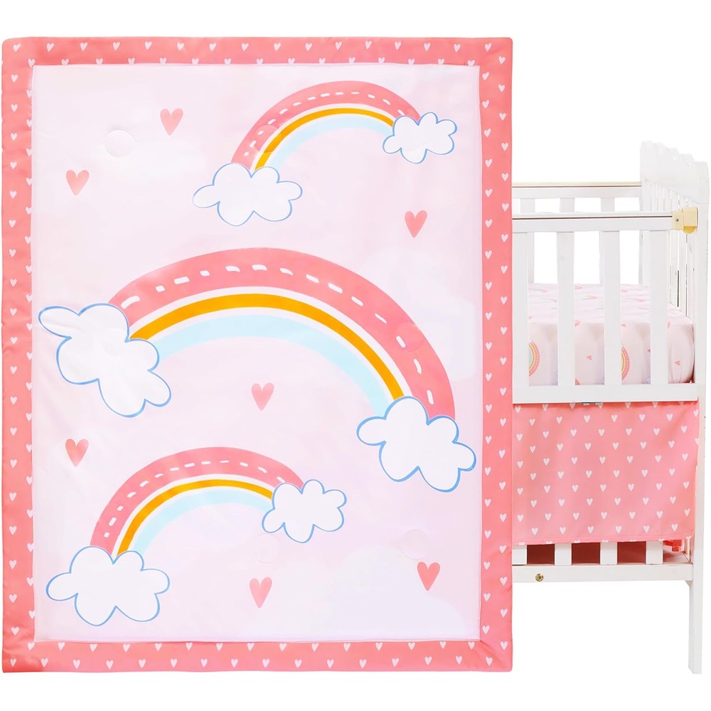 Viviland 3 pieces baby bedding set rainbow front view featuring quilted comforter and fitted sheet for nursery.
