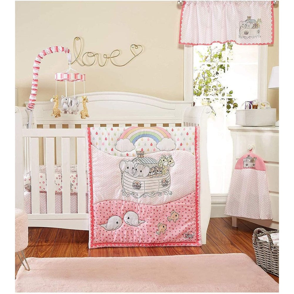 Everyday Kids Precious Moments girls crib bedding set front view showcasing the pastel pink Noah's Ark quilt.