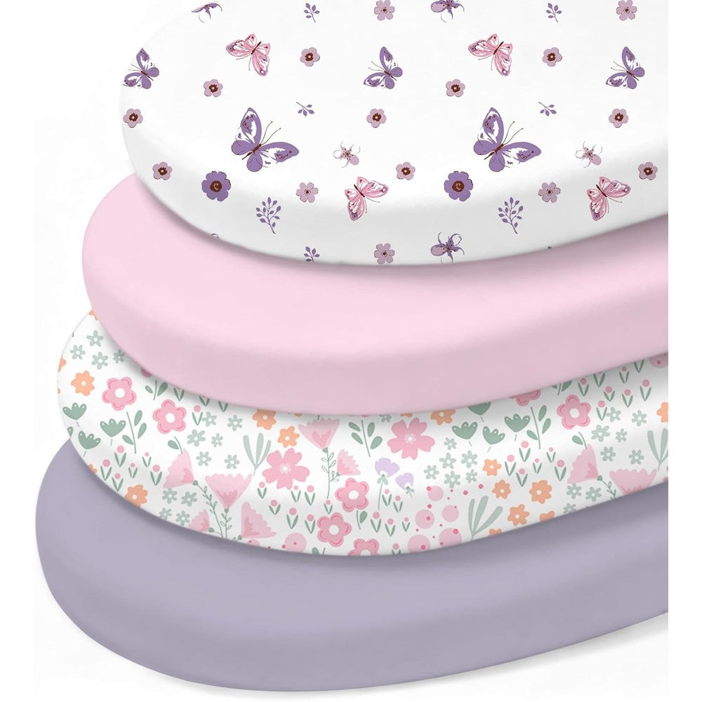 Little Grape Land bassinet sheets 4 pack front view with butterfly bloom pattern