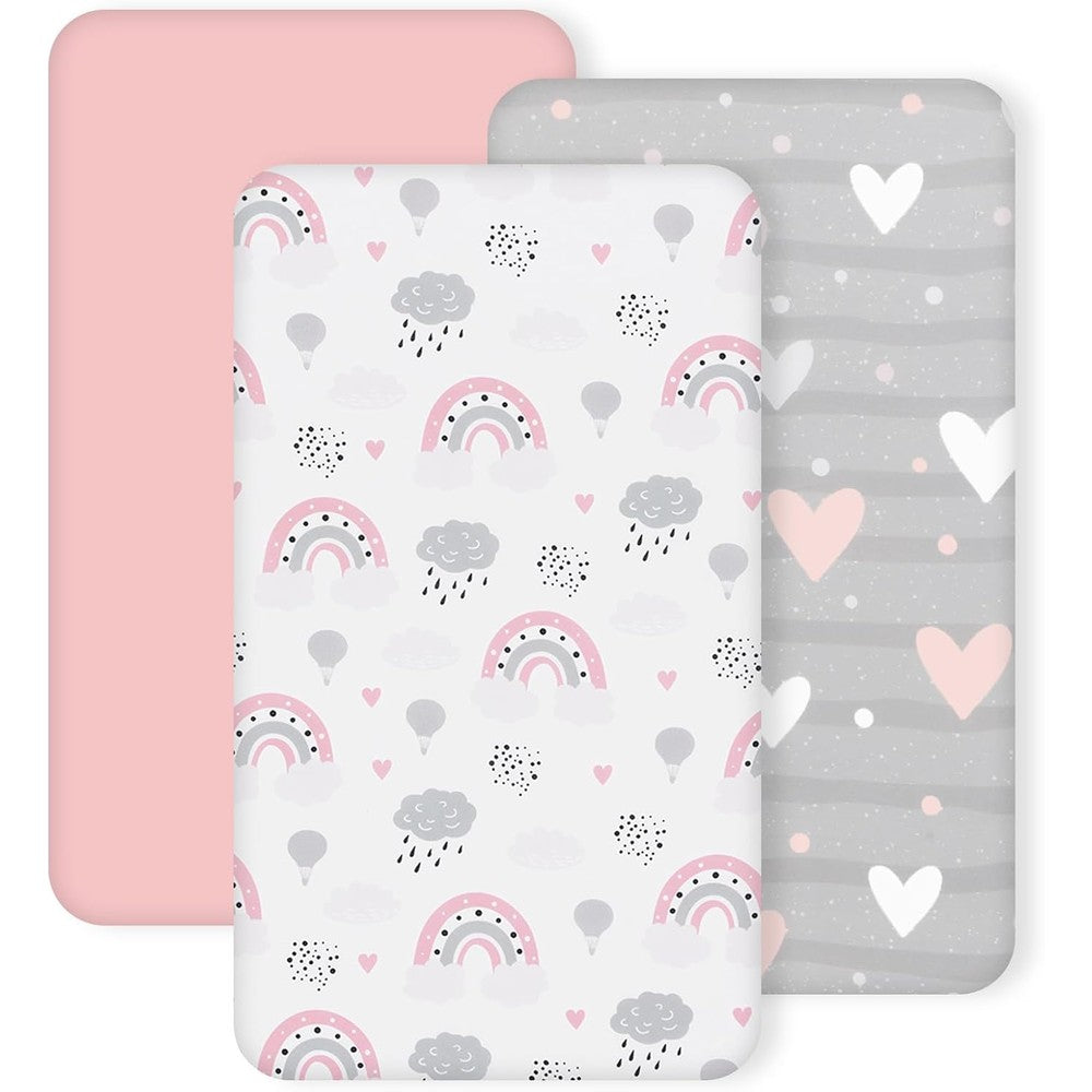 Haleeone 3 pack stretchy bassinet sheets pink and grey heart front view