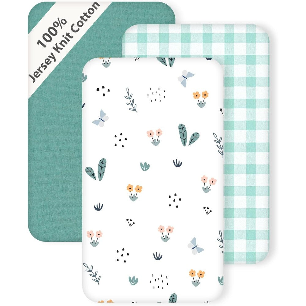 Haleeone 3 Pack Cotton Bassinet Sheets Green Leaf design front view
