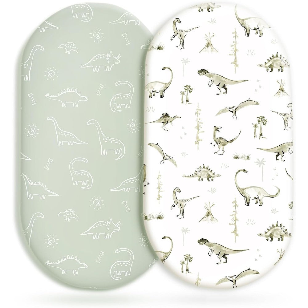 Grssder dinosaur print fitted bassinet sheet set 2 pack front view