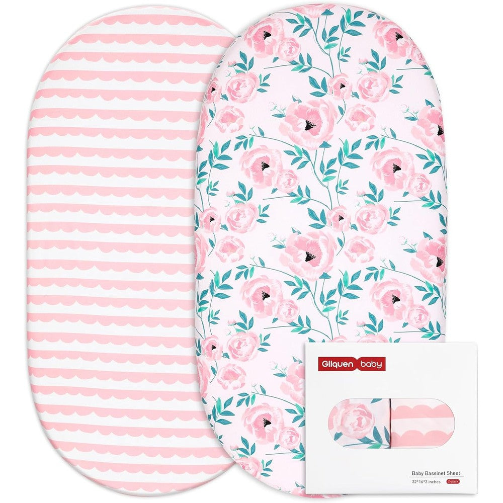 Gllquen Baby bassinet sheets set pink flower pattern front view