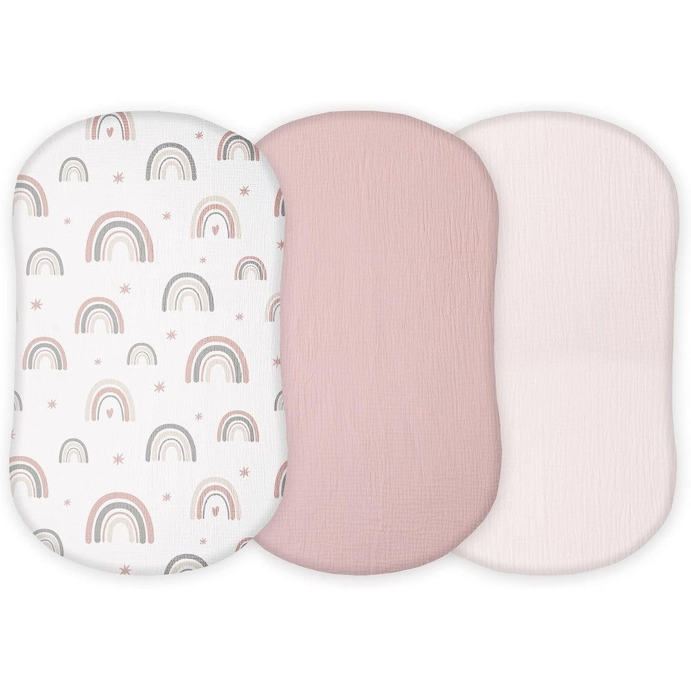 Tansy Panda organic muslin bassinet sheets 3 pack pink rainbow design