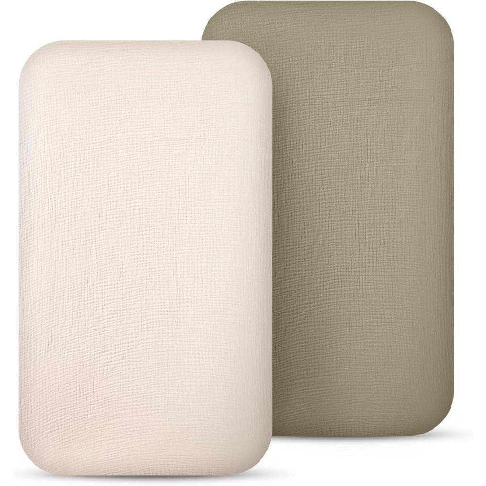 Lulumoon muslin bassinet sheets olive and cream front view