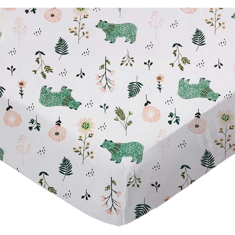 SheetWorld cotton interlock jersey fitted cradle sheet front view featuring green woodland bears print.