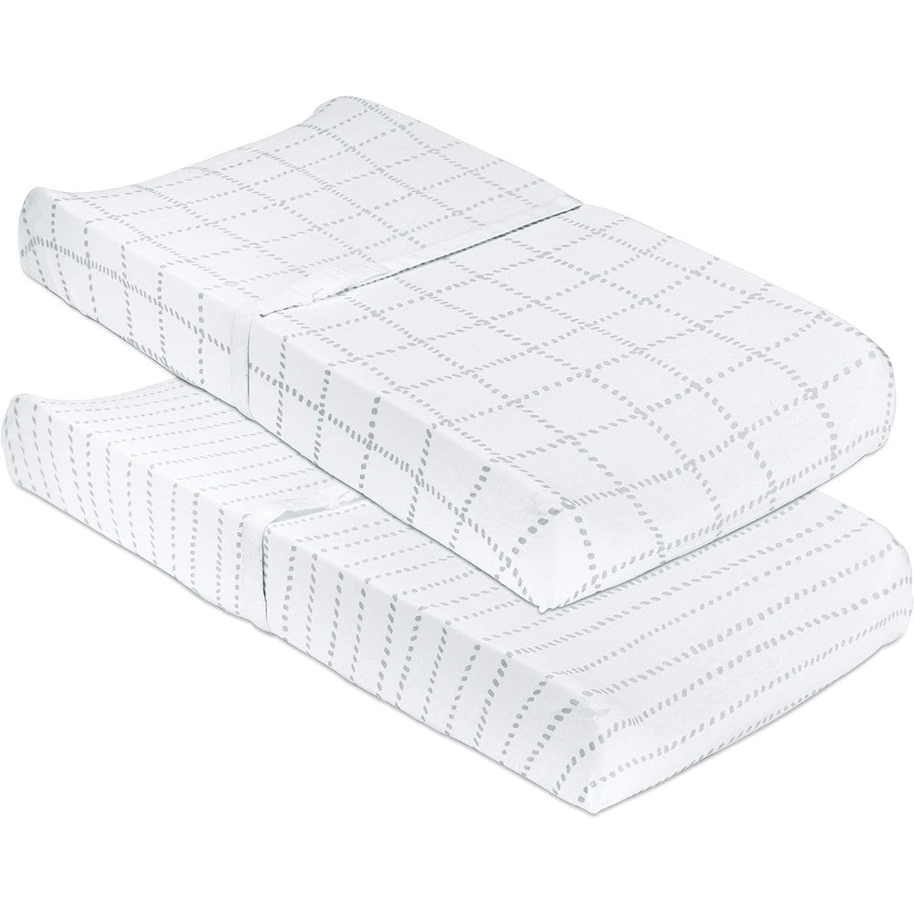 Petit Dreams changing pad cover front view showing grey dotted stripe design