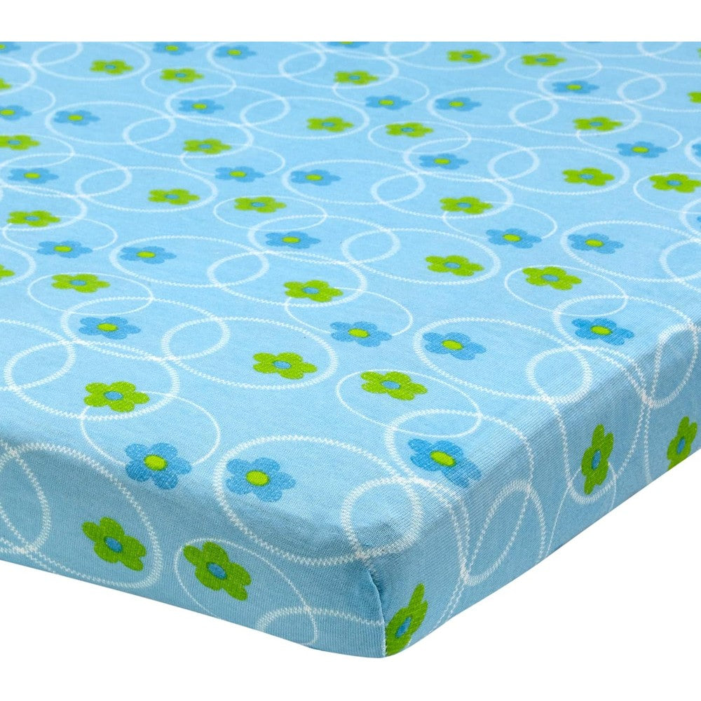 Abstract jersey cotton knit cradle sheets front view in floral blue print
