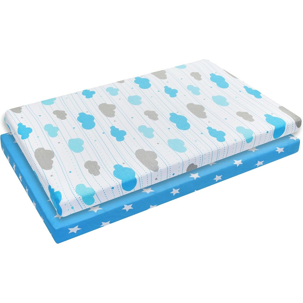 Everyday Kids baby cradle sheets front view showcasing blue and gray cloud pattern