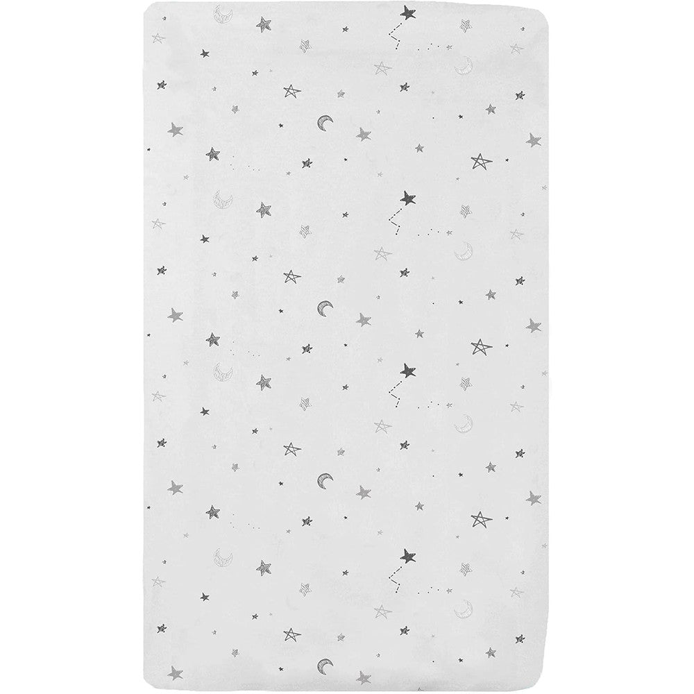 TL Care natural cotton jersey knit cradle sheet front view featuring gray stars and moons pattern
