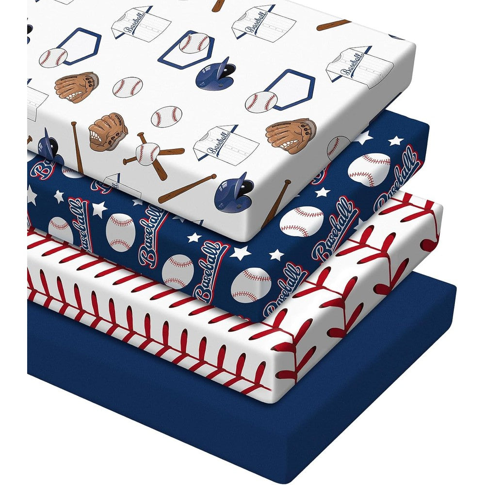 VitalCozy 4 Piece Baseball Crib Sheet Set front view of sports nursery bedding.