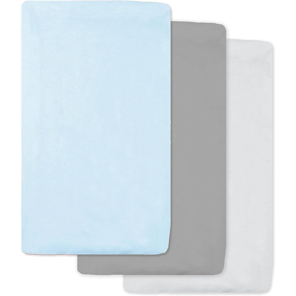 American Baby Company natural cotton fitted cradle sheets front view showcasing the blue gray and white three pack set