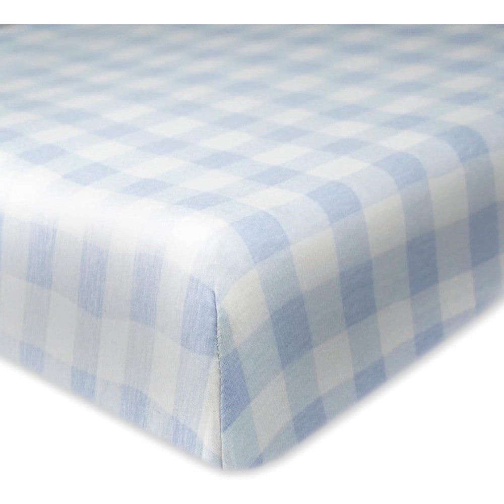 HonestBaby organic cotton crib sheet in blue painted buffalo check pattern front view