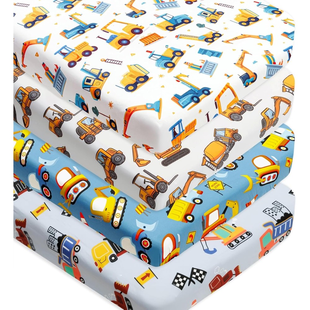 Figepo 4 Pack Baby Boy Crib Sheets construction theme front view