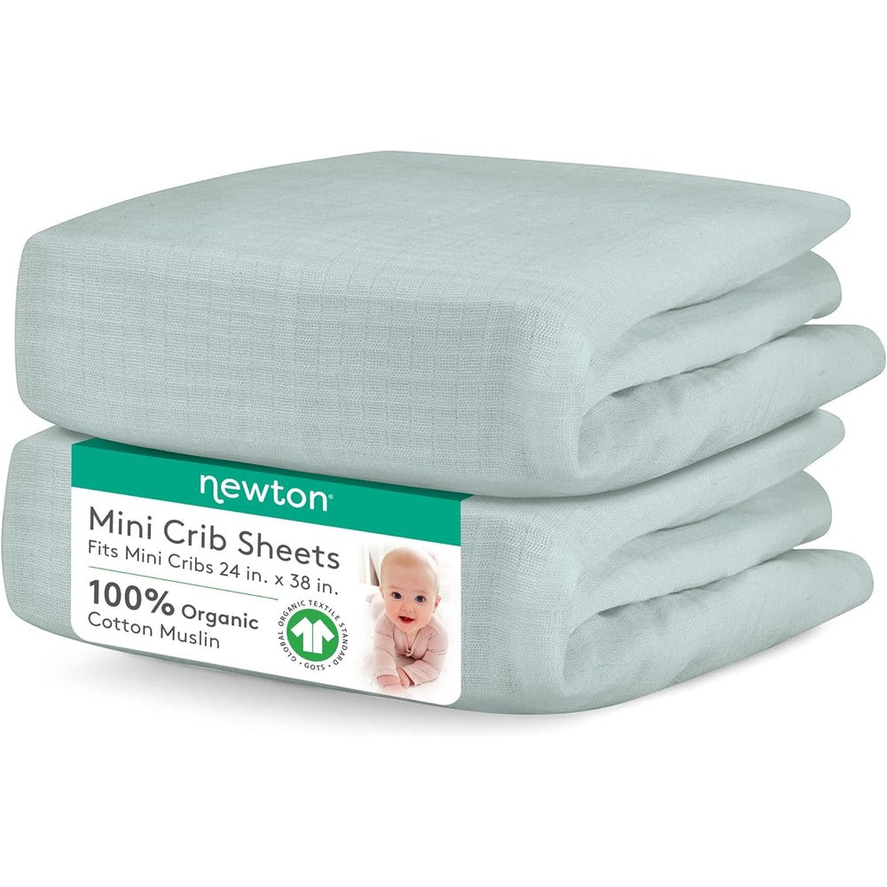 Newton Baby Fitted Mini Crib Sheets 2-Pack in Sage front view showing packaging