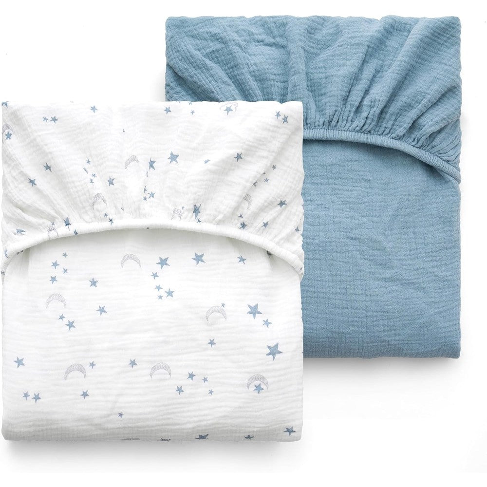 Momcozy muslin fitted crib sheets in blue star and moon pattern